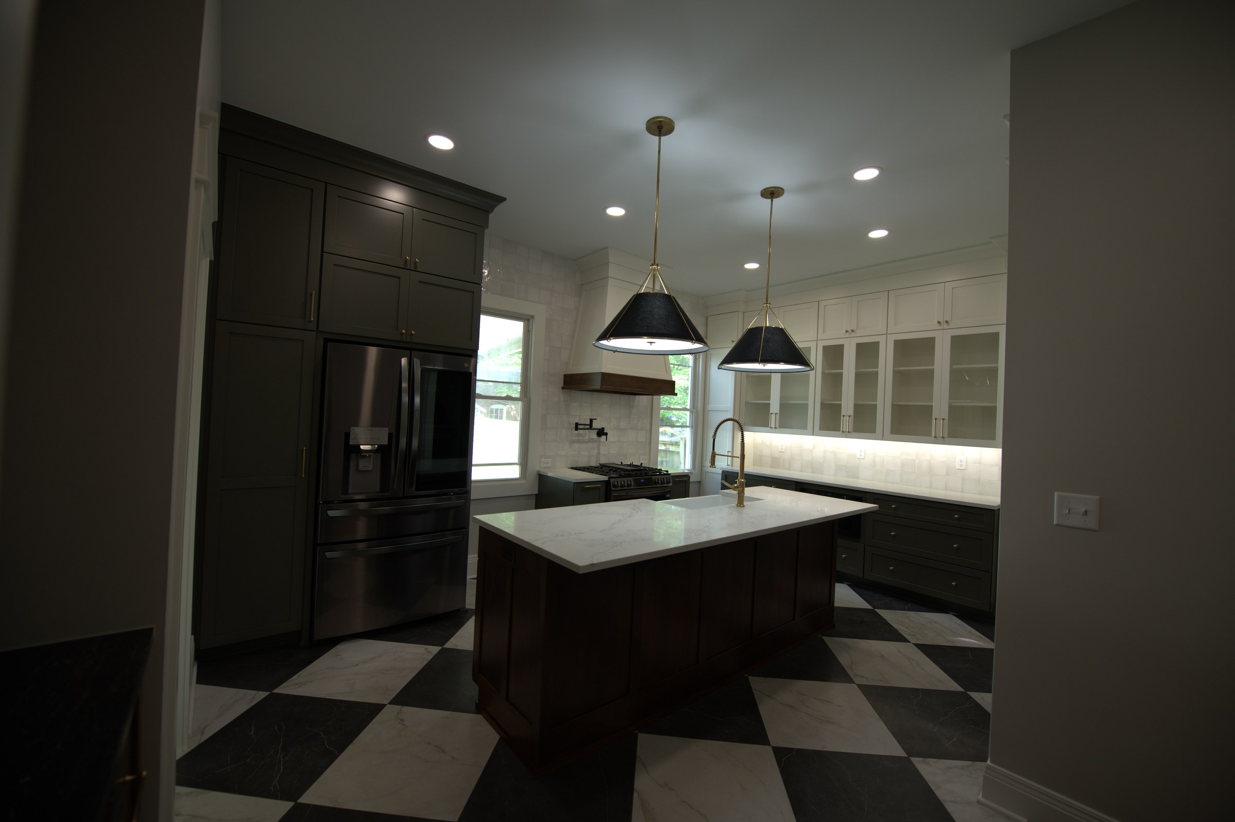 Wide kitchen shot showing full length of room